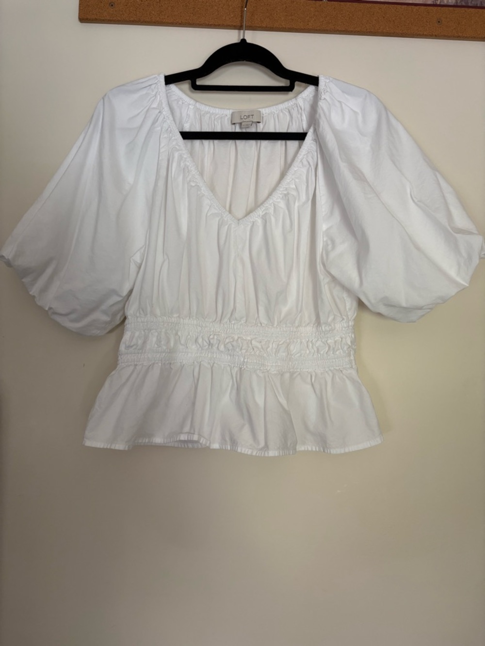LOFT White V-Neck Smocked Peplum Puff-Sleeve Blouse
